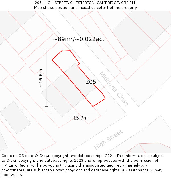 205, HIGH STREET, CHESTERTON, CAMBRIDGE, CB4 1NL: Plot and title map