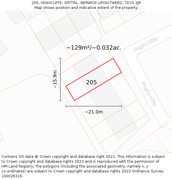 205, HIGHCLIFFE, SPITTAL, BERWICK-UPON-TWEED, TD15 2JR: Plot and title map