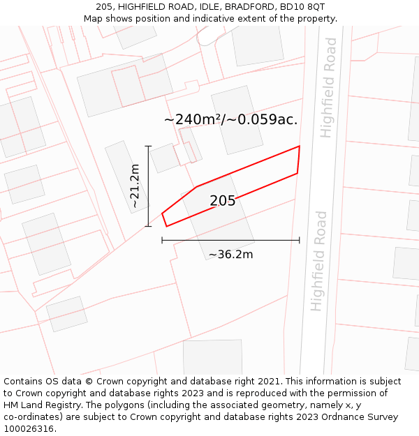 205, HIGHFIELD ROAD, IDLE, BRADFORD, BD10 8QT: Plot and title map
