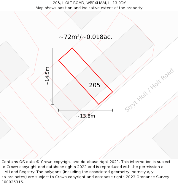 205, HOLT ROAD, WREXHAM, LL13 9DY: Plot and title map