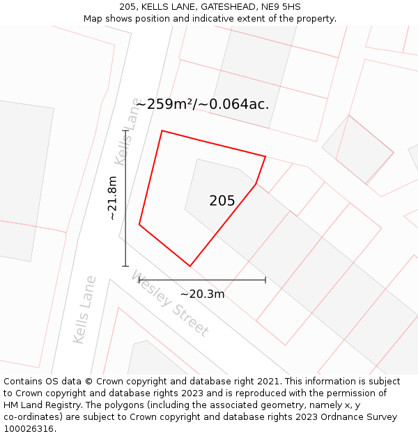 205, KELLS LANE, GATESHEAD, NE9 5HS: Plot and title map