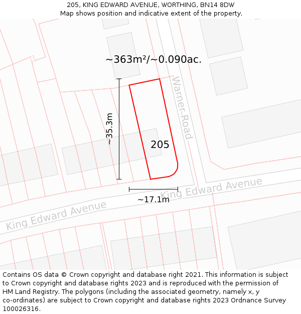 205, KING EDWARD AVENUE, WORTHING, BN14 8DW: Plot and title map