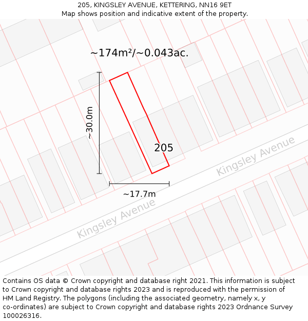 205, KINGSLEY AVENUE, KETTERING, NN16 9ET: Plot and title map