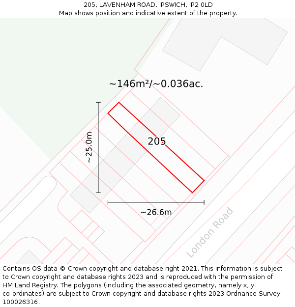 205, LAVENHAM ROAD, IPSWICH, IP2 0LD: Plot and title map