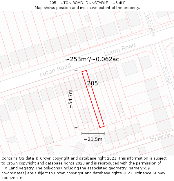 205, LUTON ROAD, DUNSTABLE, LU5 4LP: Plot and title map