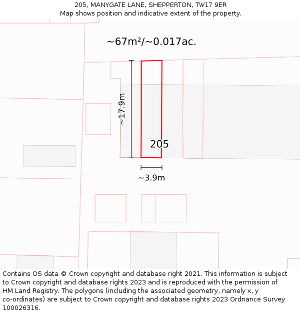 205, MANYGATE LANE, SHEPPERTON, TW17 9ER: Plot and title map