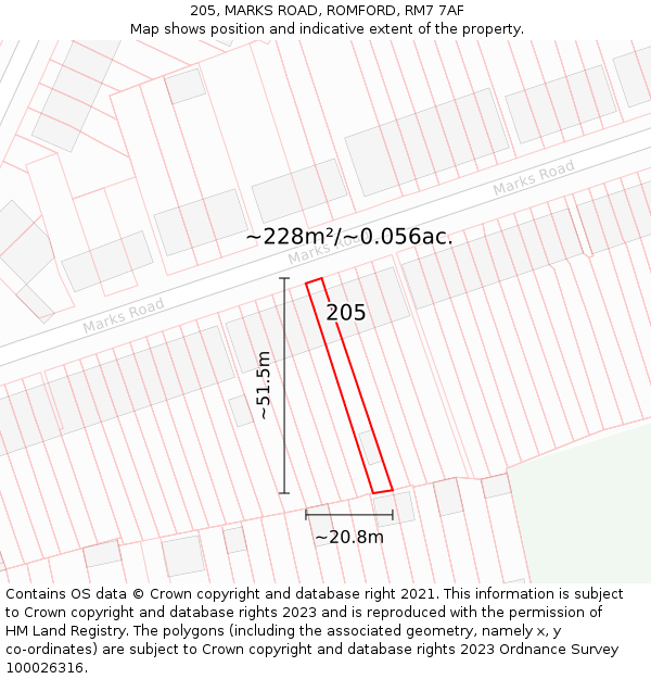 205, MARKS ROAD, ROMFORD, RM7 7AF: Plot and title map