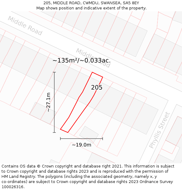 205, MIDDLE ROAD, CWMDU, SWANSEA, SA5 8EY: Plot and title map