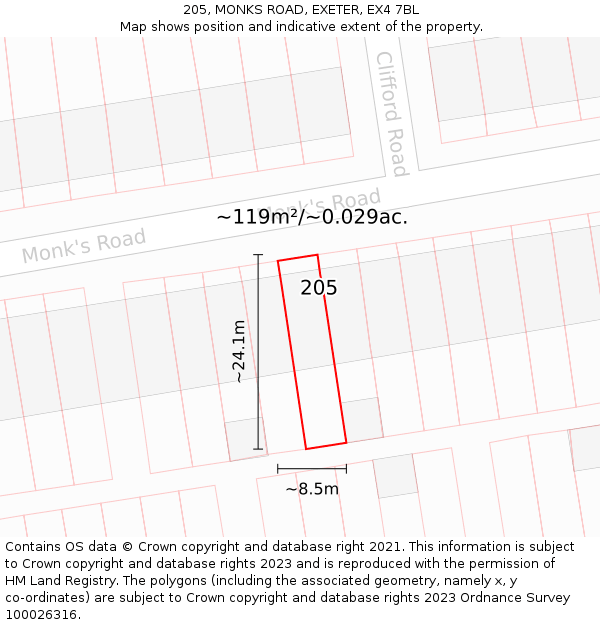 205, MONKS ROAD, EXETER, EX4 7BL: Plot and title map
