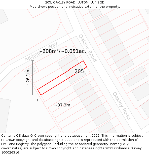 205, OAKLEY ROAD, LUTON, LU4 9QD: Plot and title map