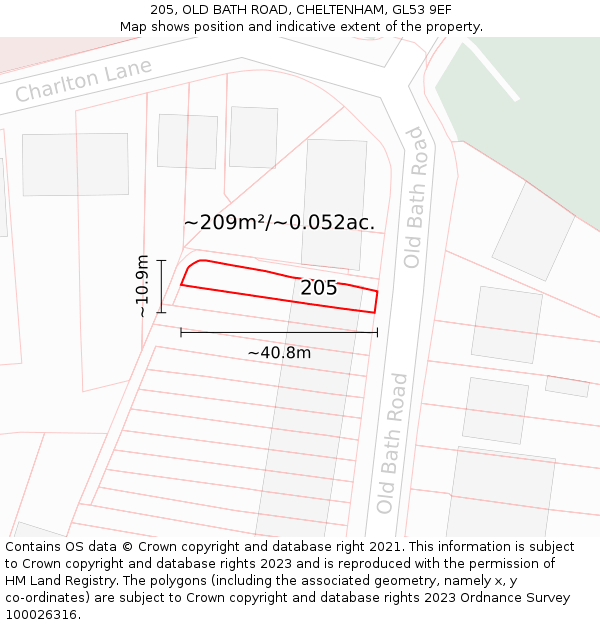 205, OLD BATH ROAD, CHELTENHAM, GL53 9EF: Plot and title map