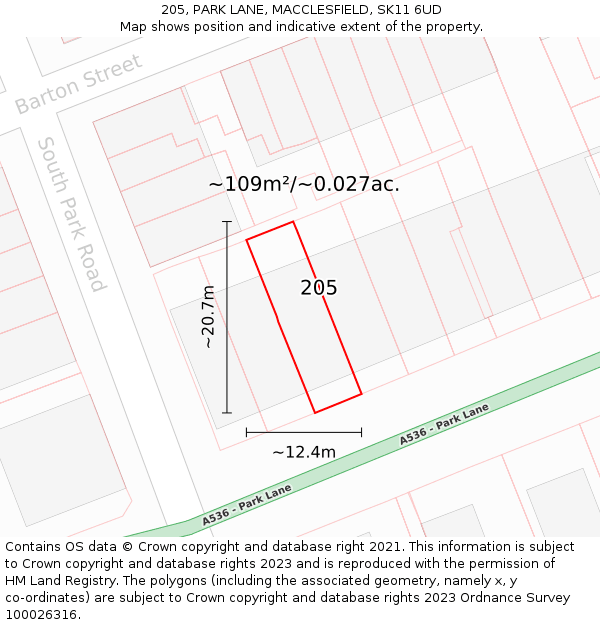 205, PARK LANE, MACCLESFIELD, SK11 6UD: Plot and title map