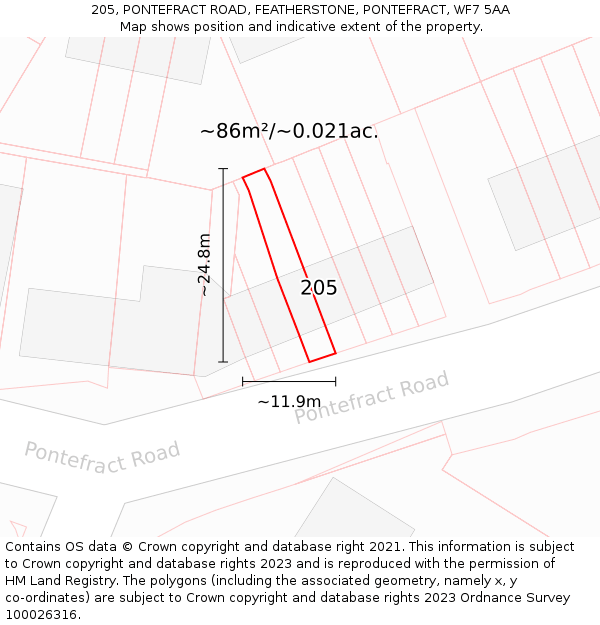 205, PONTEFRACT ROAD, FEATHERSTONE, PONTEFRACT, WF7 5AA: Plot and title map