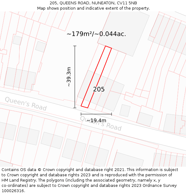 205, QUEENS ROAD, NUNEATON, CV11 5NB: Plot and title map