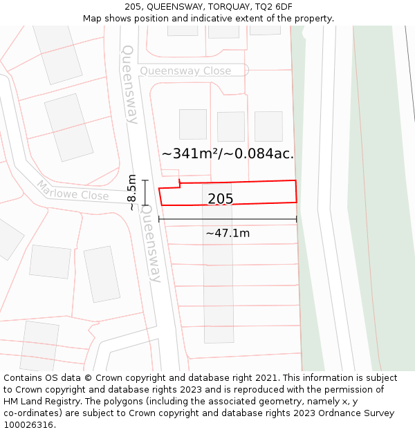 205, QUEENSWAY, TORQUAY, TQ2 6DF: Plot and title map