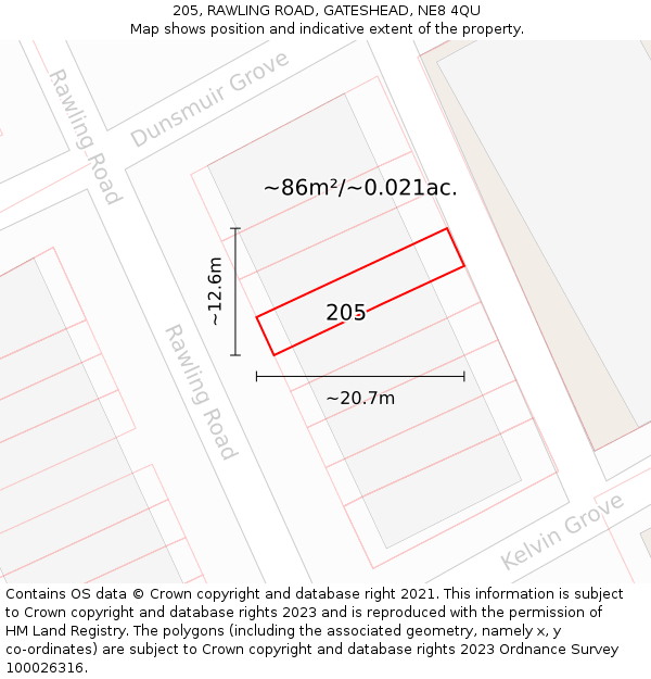 205, RAWLING ROAD, GATESHEAD, NE8 4QU: Plot and title map