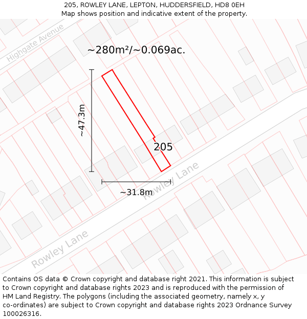 205, ROWLEY LANE, LEPTON, HUDDERSFIELD, HD8 0EH: Plot and title map