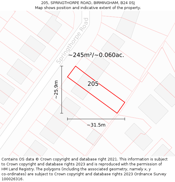 205, SPRINGTHORPE ROAD, BIRMINGHAM, B24 0SJ: Plot and title map