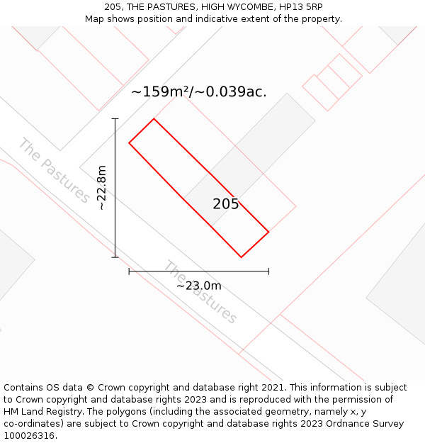205, THE PASTURES, HIGH WYCOMBE, HP13 5RP: Plot and title map