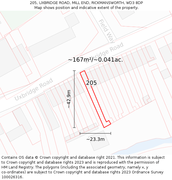 205, UXBRIDGE ROAD, MILL END, RICKMANSWORTH, WD3 8DP: Plot and title map