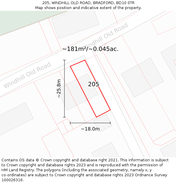 205, WINDHILL OLD ROAD, BRADFORD, BD10 0TR: Plot and title map