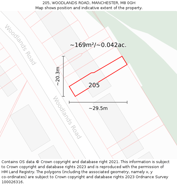 205, WOODLANDS ROAD, MANCHESTER, M8 0GH: Plot and title map