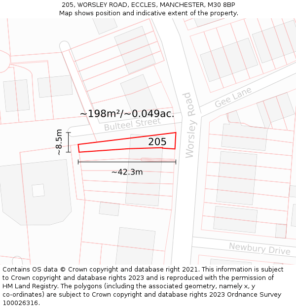 205, WORSLEY ROAD, ECCLES, MANCHESTER, M30 8BP: Plot and title map