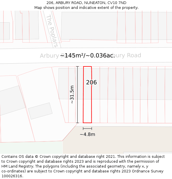 206, ARBURY ROAD, NUNEATON, CV10 7ND: Plot and title map