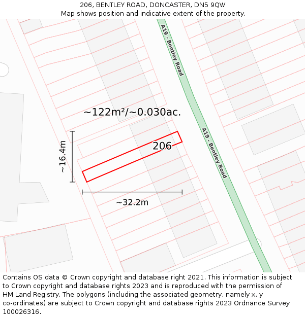 206, BENTLEY ROAD, DONCASTER, DN5 9QW: Plot and title map