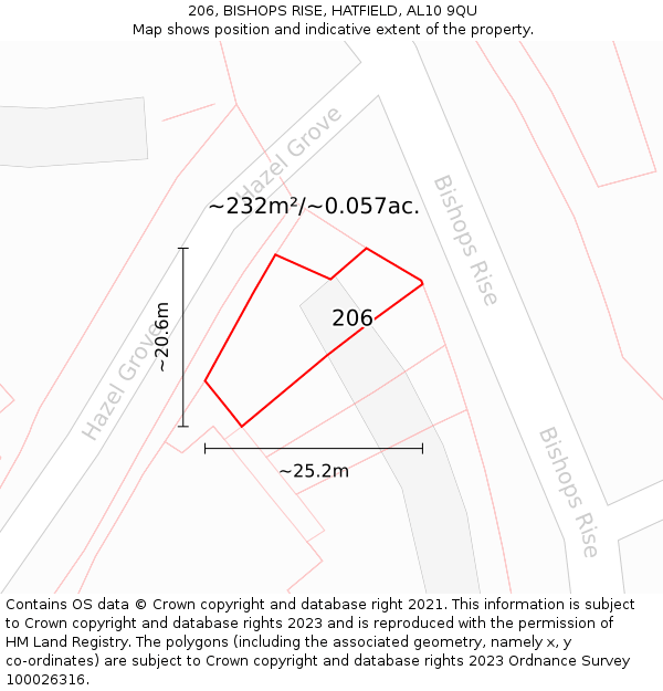 206, BISHOPS RISE, HATFIELD, AL10 9QU: Plot and title map