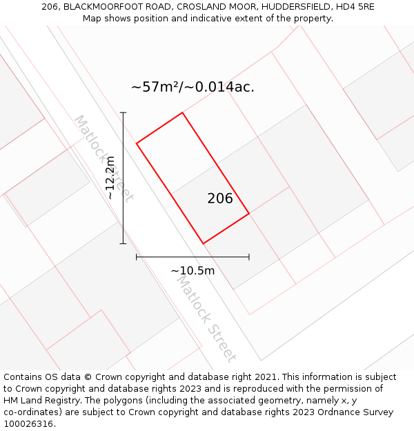 206, BLACKMOORFOOT ROAD, CROSLAND MOOR, HUDDERSFIELD, HD4 5RE: Plot and title map