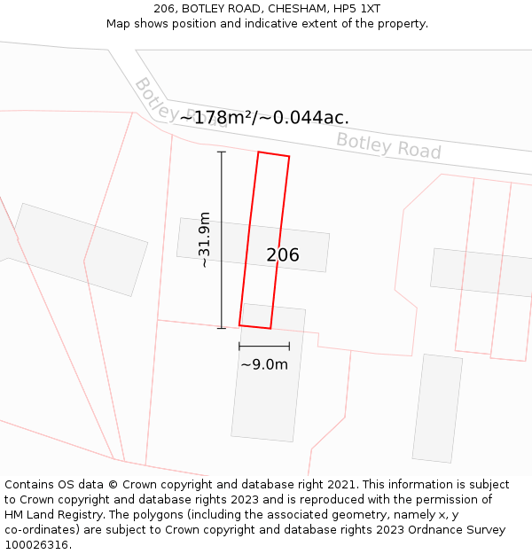 206, BOTLEY ROAD, CHESHAM, HP5 1XT: Plot and title map