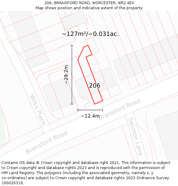 206, BRANSFORD ROAD, WORCESTER, WR2 4EX: Plot and title map