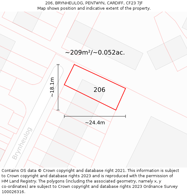 206, BRYNHEULOG, PENTWYN, CARDIFF, CF23 7JF: Plot and title map