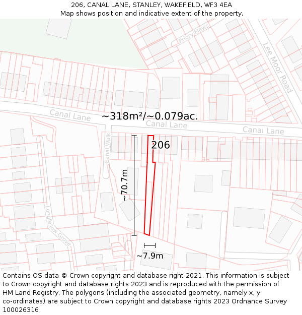206, CANAL LANE, STANLEY, WAKEFIELD, WF3 4EA: Plot and title map