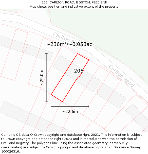 206, CARLTON ROAD, BOSTON, PE21 8NF: Plot and title map