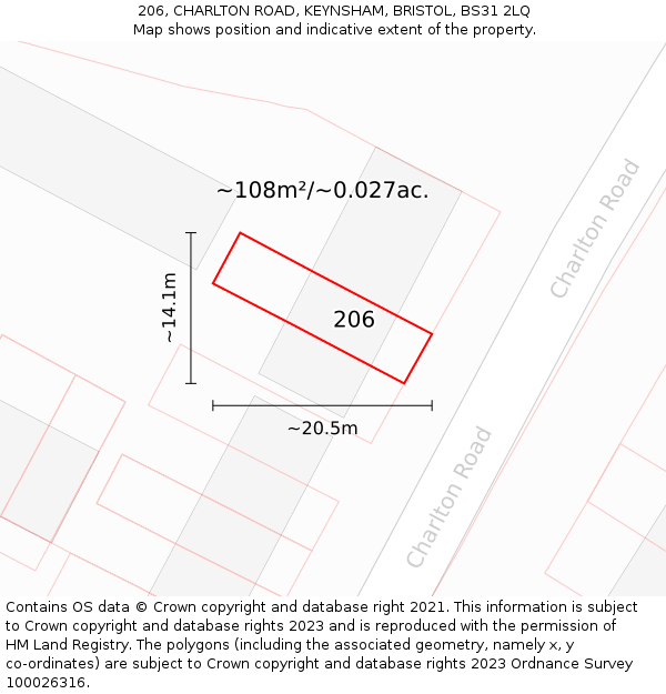 206, CHARLTON ROAD, KEYNSHAM, BRISTOL, BS31 2LQ: Plot and title map