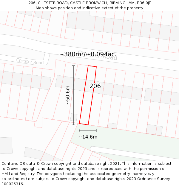 206, CHESTER ROAD, CASTLE BROMWICH, BIRMINGHAM, B36 0JE: Plot and title map