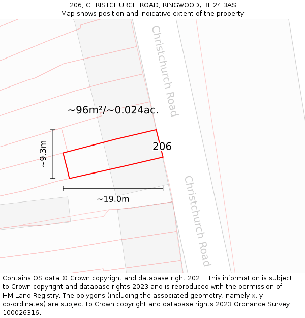 206, CHRISTCHURCH ROAD, RINGWOOD, BH24 3AS: Plot and title map