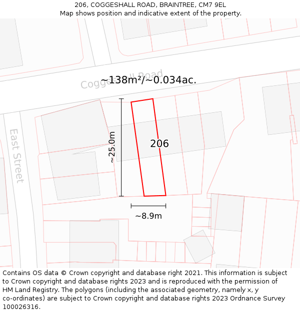 206, COGGESHALL ROAD, BRAINTREE, CM7 9EL: Plot and title map