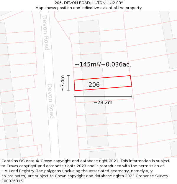 206, DEVON ROAD, LUTON, LU2 0RY: Plot and title map