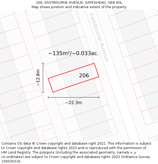 206, EASTBOURNE AVENUE, GATESHEAD, NE8 4NL: Plot and title map