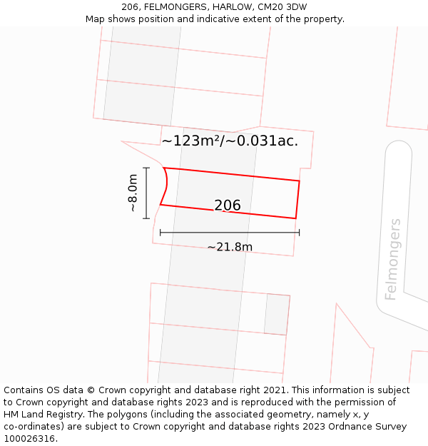 206, FELMONGERS, HARLOW, CM20 3DW: Plot and title map