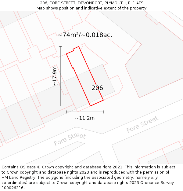 206, FORE STREET, DEVONPORT, PLYMOUTH, PL1 4FS: Plot and title map