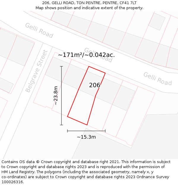 206, GELLI ROAD, TON PENTRE, PENTRE, CF41 7LT: Plot and title map