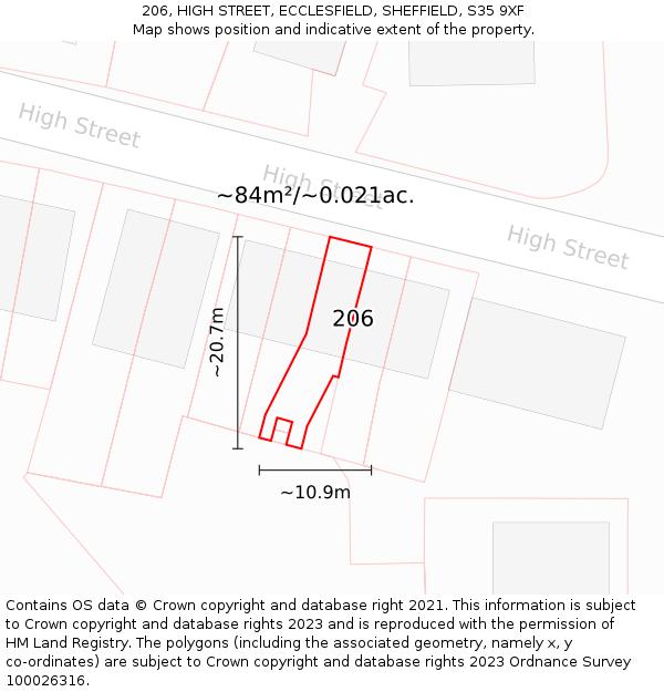 206, HIGH STREET, ECCLESFIELD, SHEFFIELD, S35 9XF: Plot and title map