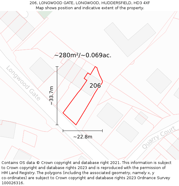 206, LONGWOOD GATE, LONGWOOD, HUDDERSFIELD, HD3 4XF: Plot and title map