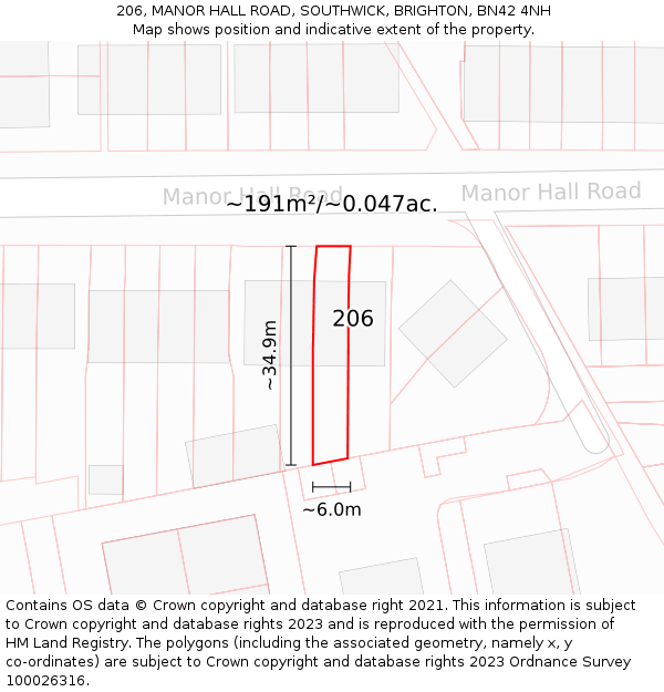 206, MANOR HALL ROAD, SOUTHWICK, BRIGHTON, BN42 4NH: Plot and title map