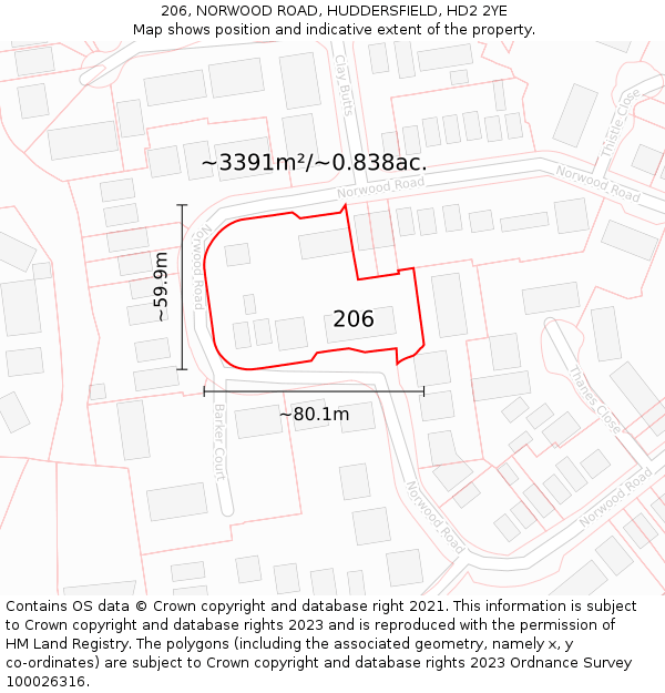 206, NORWOOD ROAD, HUDDERSFIELD, HD2 2YE: Plot and title map