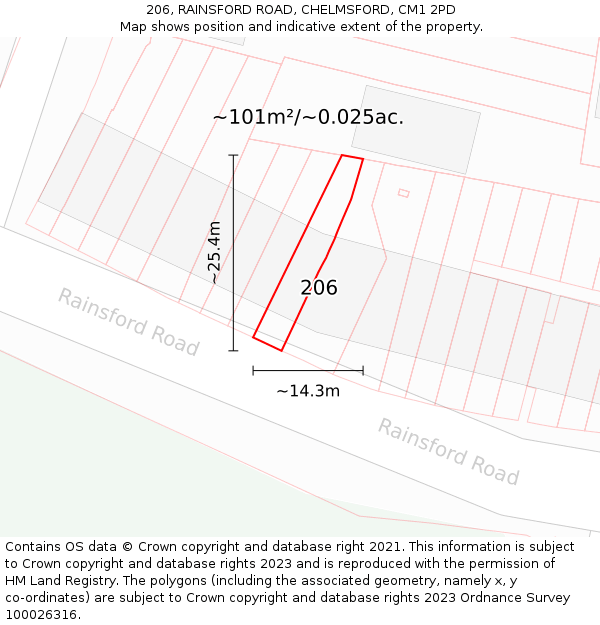206, RAINSFORD ROAD, CHELMSFORD, CM1 2PD: Plot and title map